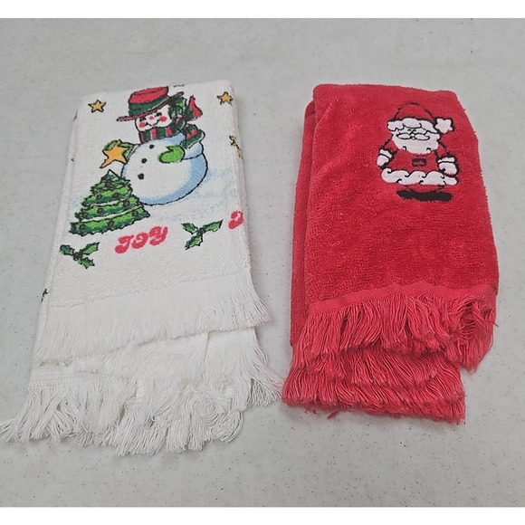 Lot of 2 Vintage Holiday Christmas Snowman Santa Claus Soft Fringe Hand Towels - Picture 1 of 7